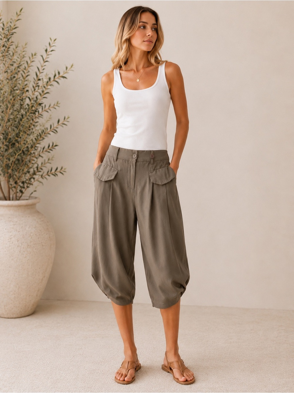 Barrel Leg Harem Taupe Crop Pants Utility Pocket Trousers Y2K Minimalist